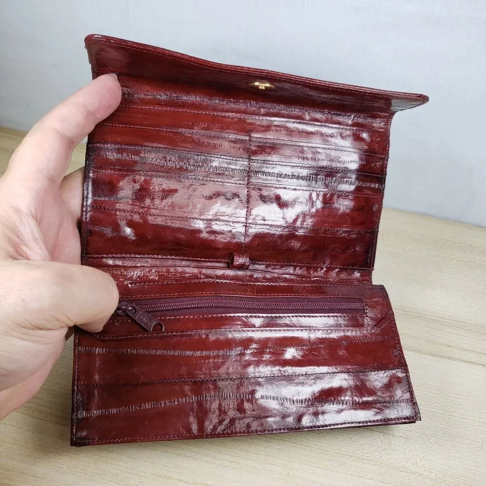 Vintage Eel Skin Burgundy  Wallet Check Book Cover Snap 7